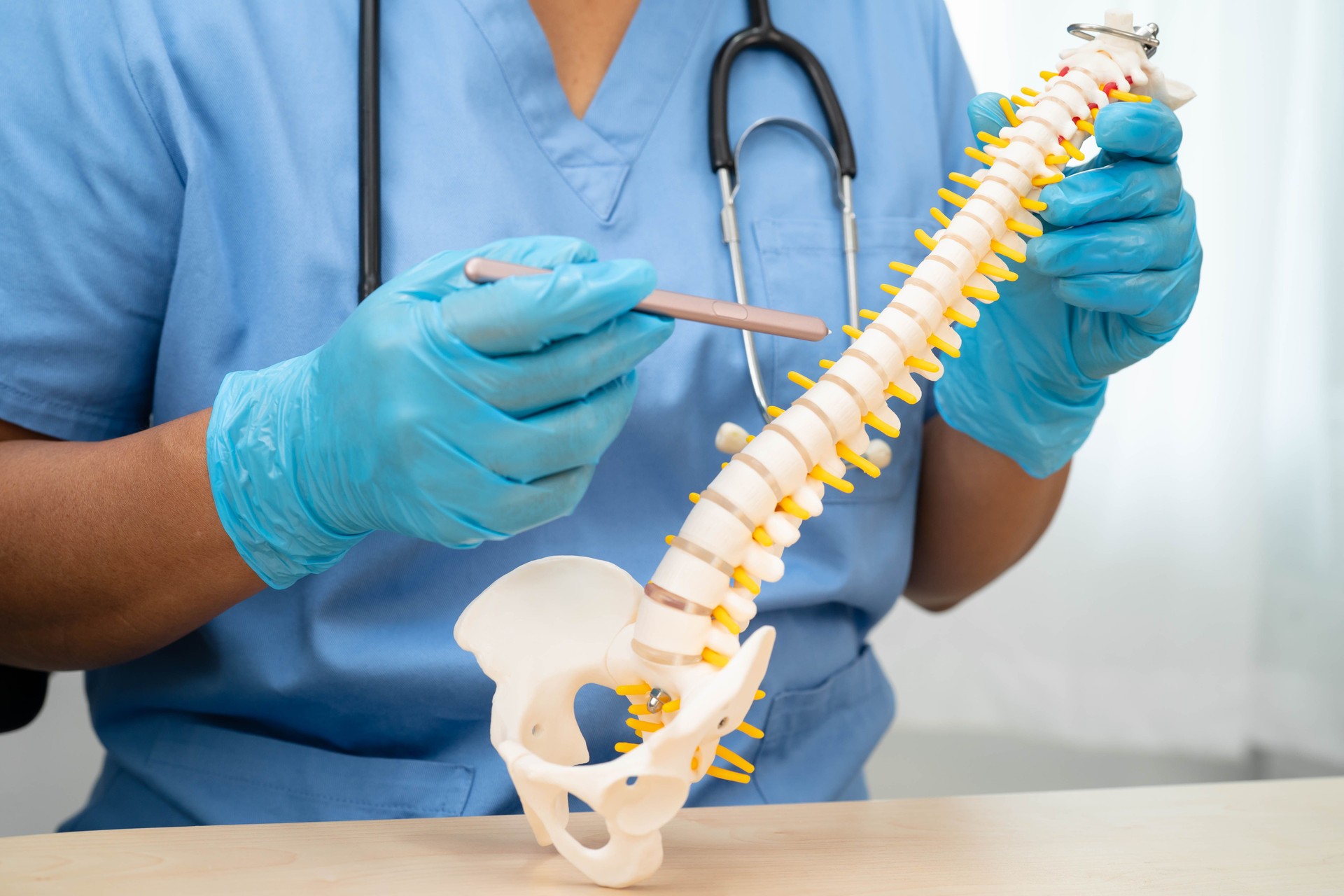 Doctor holding lumbar vertebrae spine skeleton bone and spinal nerve with displaced herniated disc fragment for treatment medical in the orthopedic department.